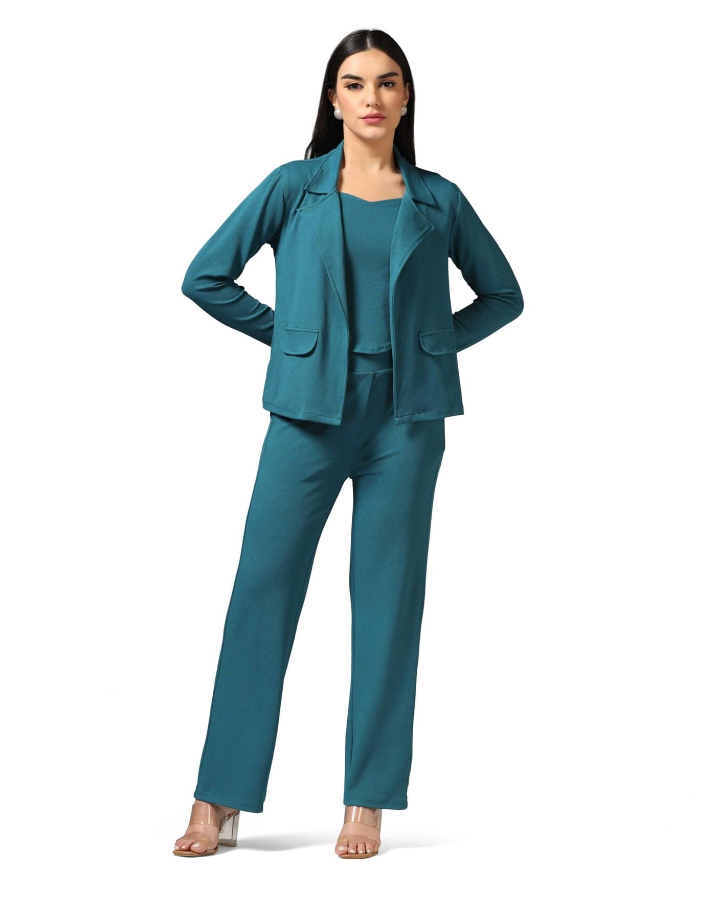 OM SAI Latest Creation Women Lycra Blend Western Blazer 3 Piece co ord Set (OSLC-W1858&W1859&TR862-XL-TURQUOISE Turquoise)