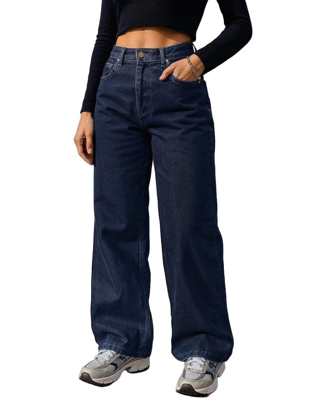 Bewakoof Women's Solid Straight Fit Cotton Baggy Jeans_625178_Blue_34