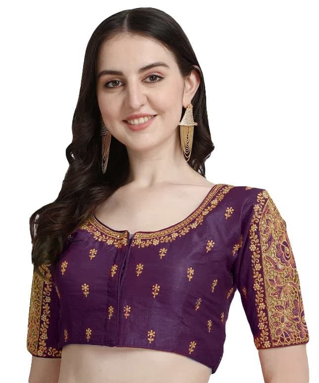 Pujia Mills Women's Silk Flower Embroidery Sleeves Cut Work Half Sleeve Readymade Saree Blouse (Gulab Rose_Wine_38)