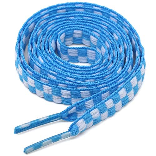 YJRVFINE Flat Checkered Shoe Laces: Wide 5/16" Patterned Shoelaces for Sneakers Light Blue White 45.28 Inch 2 Pair