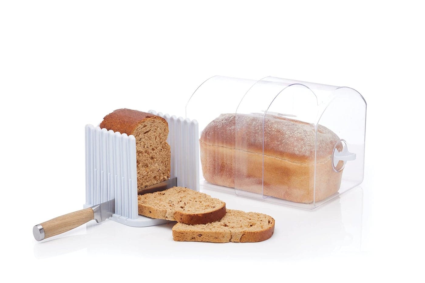 KitchenCraft Stay Fresh Expanding Bread Keeper Bread Bin with Bread Slicer Guide in Gift Box Plastic Large