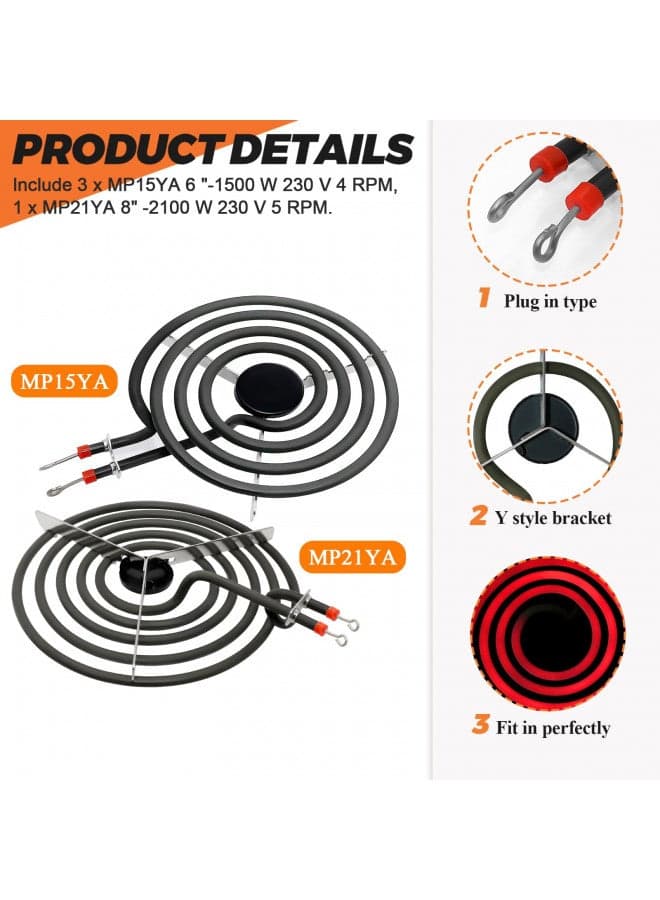 Beaquicy MP31YA Electric Range Burner Element - Replacement for Ken-more Whirlpool Range Stove - Package Include 3 pcs MP15YA 6" and 1 pcs MP21YA 8"