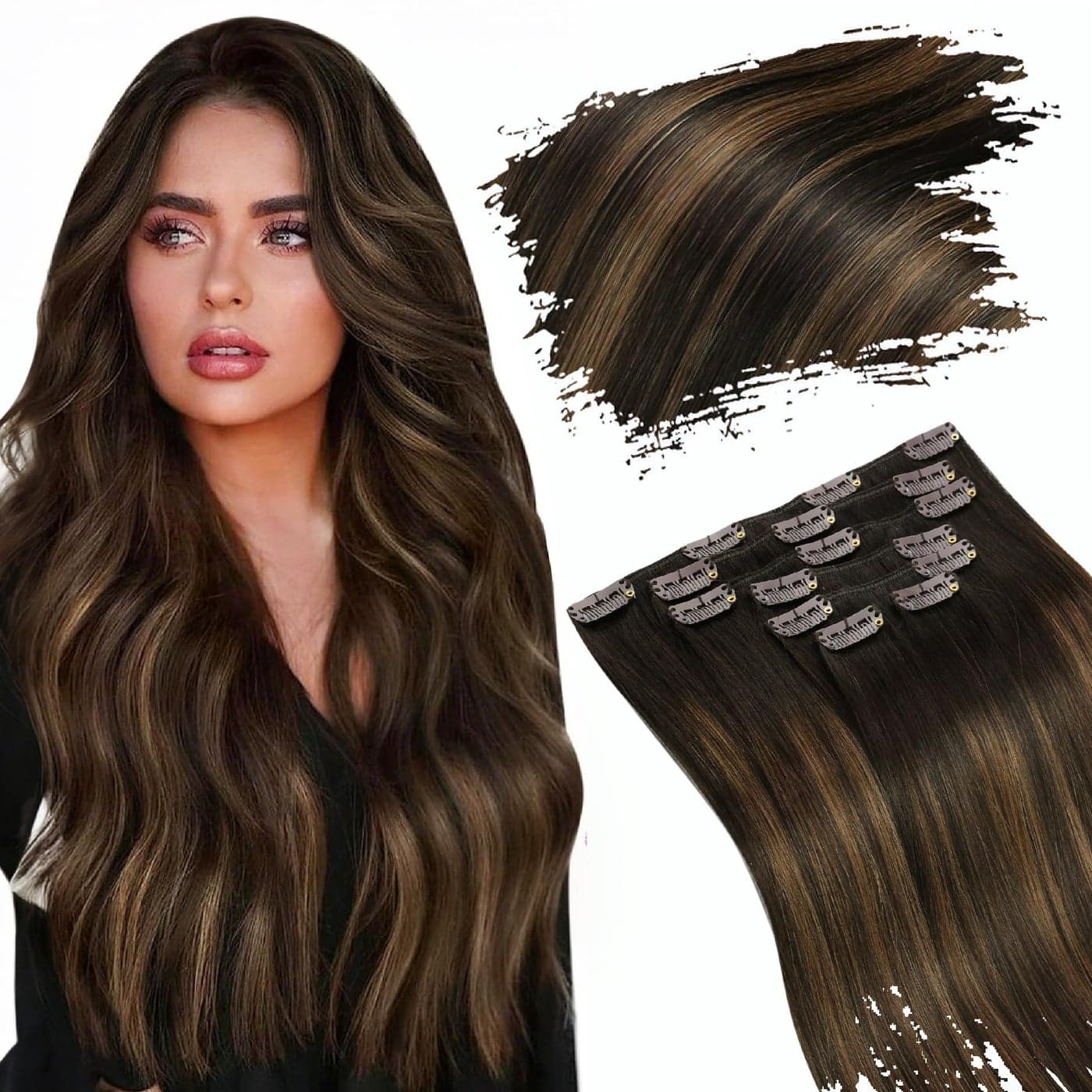 Ugeat Dark Brown Clip in Hair Extensions Human Hair Balayage Medium Brown Brunette Hair Extensions Real Human Hair Clip ins Ombre Instant Add Volume and Length 18 Inch 7pcs 120g