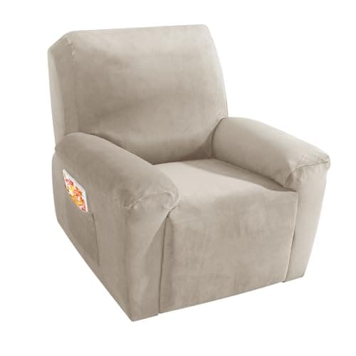 MAXIJIN Velvet 4 Piece Recliner Cover Stretch Plush Soft Recliner Chair Covers Thick Soft Reclining Chair Slipcovers Furniture Protector with Side Pocket for Kids, Pets (Khaki)