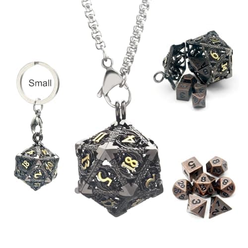 Haxtec Mini Metal DND Dice Set with Hollow Necklace Dice Case Antique Tiny Metal Dice Set DD Keychain Portable 7PCS Dice Set