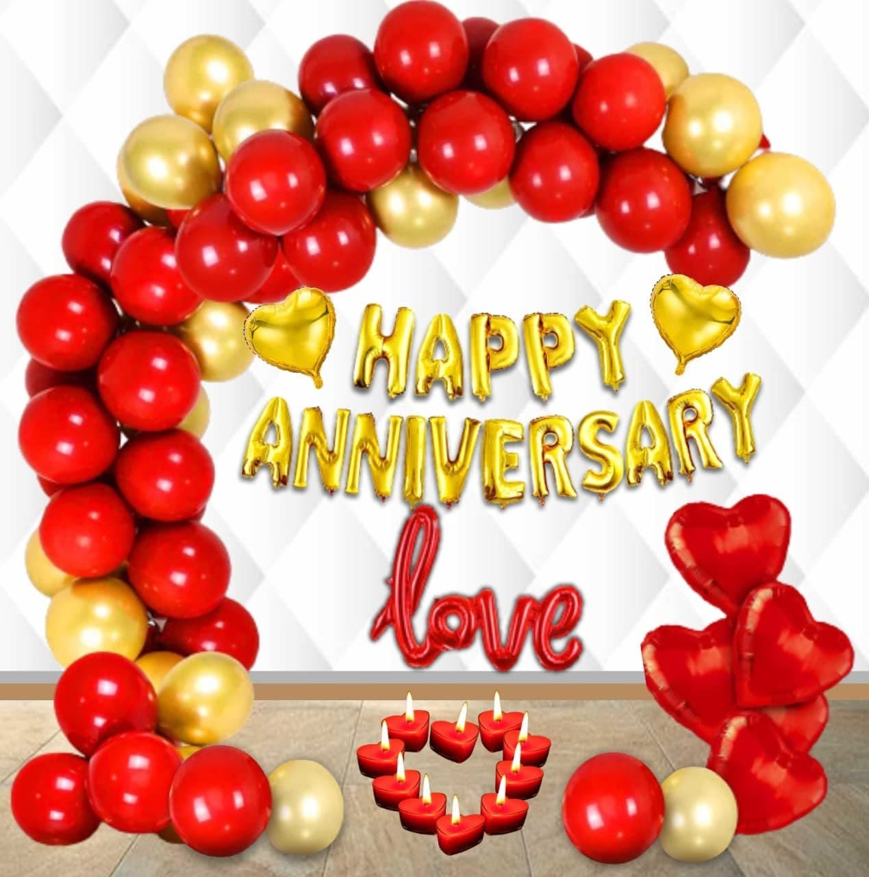 HK balloons Rubber 72Pcs Anniversary Decoration Item For Happy Anniversary Banner Balloon Arch Decoration Set With Red Heart Shape Candle, Red Gold Balloon For Wedding Anniversary Decorations Kit