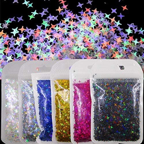 LoveOurHome 60g Holographic Star Chunky Glitter Flakes Sparkles Iridescent Stars Shapes Nail Sequins Epoxy Resin Accessories Crafts Supplies Makeup Nails Decorations Star