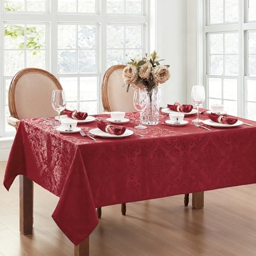 Elrene Home Fashions Caiden Elegance Damask Waterproof, Stain & Wrinkle Resistant Fabric Tablecloth, 52" x 52" Square, Red