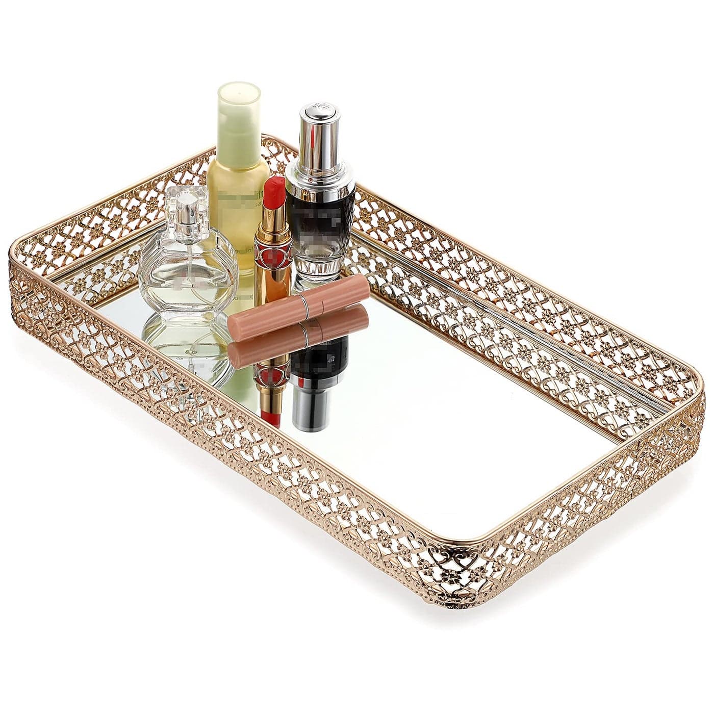 ELLDOO Gold Perfume Makeup Vanity Tray HollowCarved Jewelry Storage Glass Metal Trinket Organizer for Dresser Bathroom Countertop Large Size