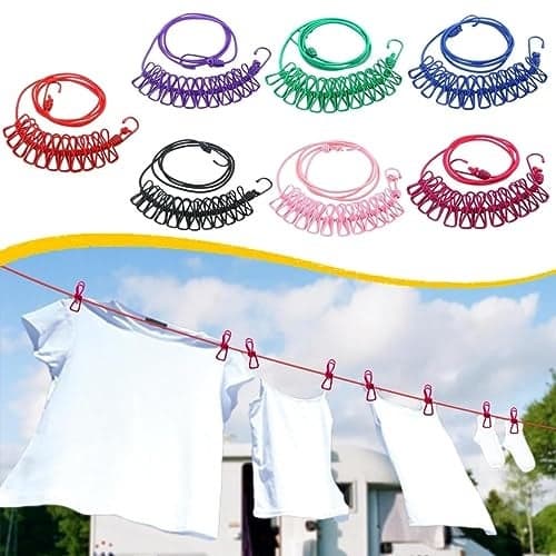 RYLAN Cloth Drying Rope with Hooks (Pack of 2) Elastic Cloth Hanging Rope for Cloth Drying with 12 Clips Cloth Rope for Drying Clothes for Travel Home Outdoor Kapde Sukhane ki Rassi Wire -Multicolor