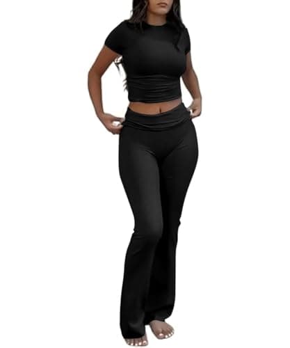 COPYLEAF Two Piece Lounge Sets for Women Fold Over Flare Pants Short Sleeve Crop Top Y2k Outfits Matching Set Tracksuit(Black XS)
