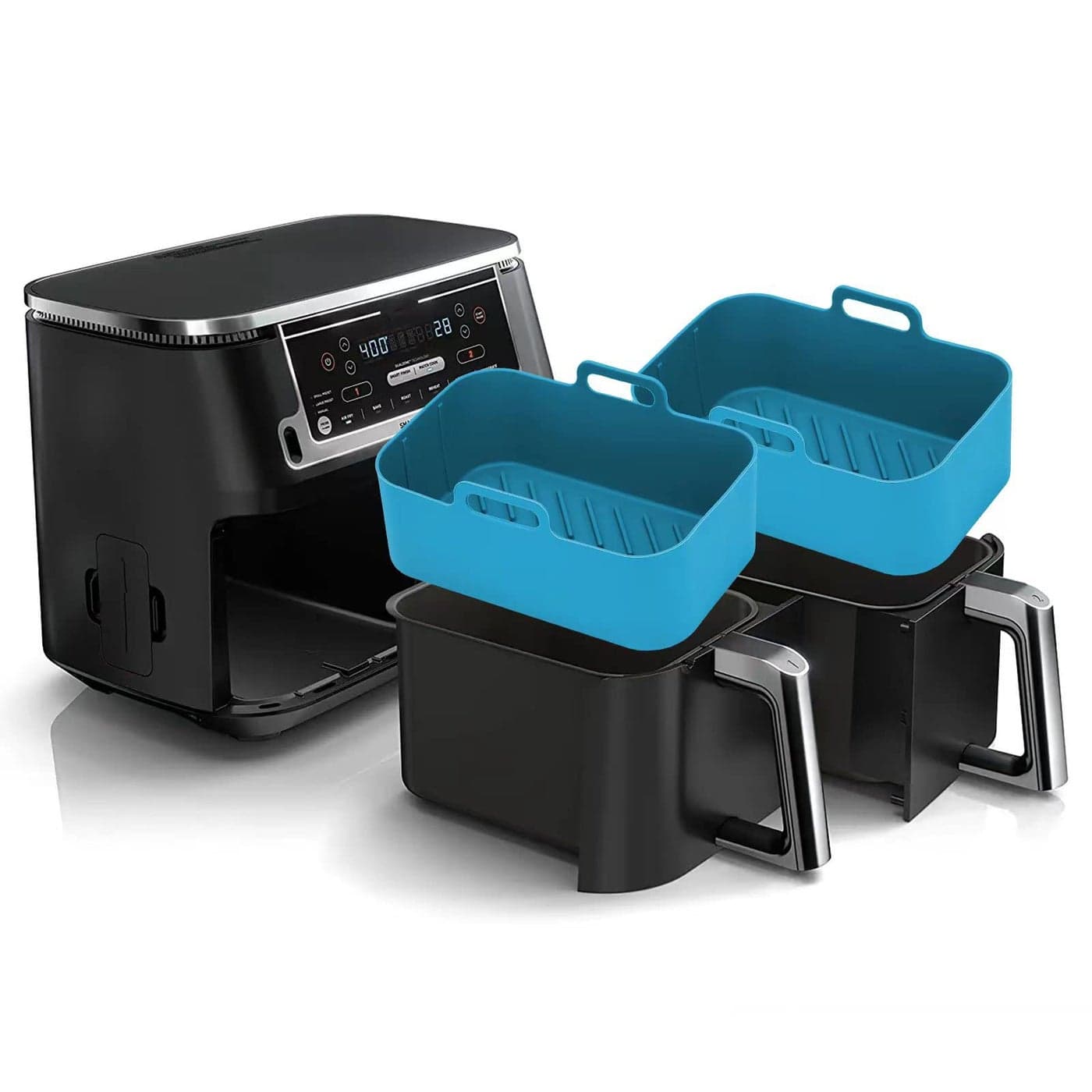 Air Fryer Liners Silicone for Ninja Foodi Dual DZ201DoubleStack SL201 8QT 2Pcs Reusable Airfryer Dual Basket for Chefman 6QTInstant Vortex Plus XL 8QT Nonstick Easy Cleaning Food Safe Blue