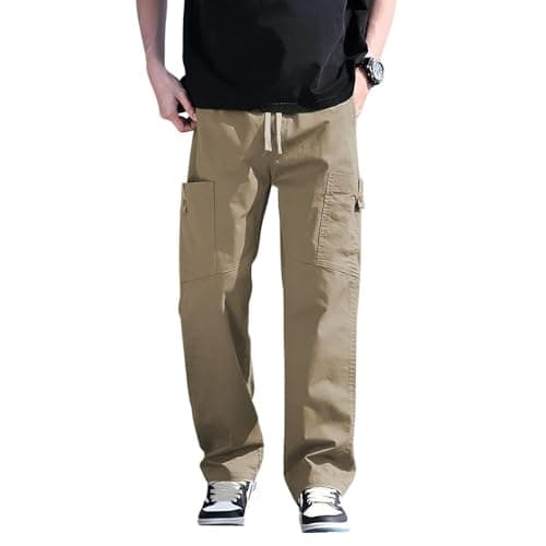 SMOWKLY Men’s Cotton Cargo Pants|Casual Trousers for Men|Comfortable Lower for Men|Pants for Man with 6 Pockets & Drawstring Elastic Waistband|Outdoor Trousers (1685_CK_32) Beige