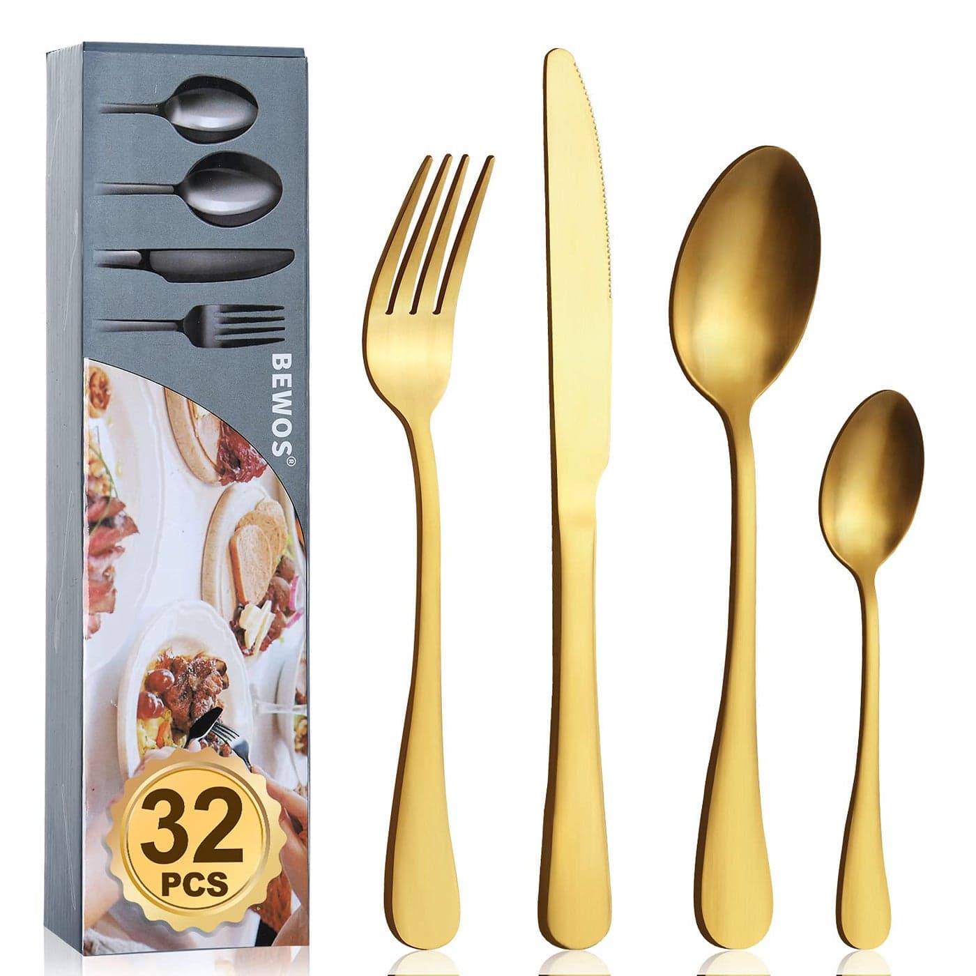 Cutlery Set BEWOS 32 Piece Stainless Steel Matt Gold Flatware Set Tableware Silverware Set with Spoon Knife and Fork Set Service for 8 Dishwasher SafeEasy Clean