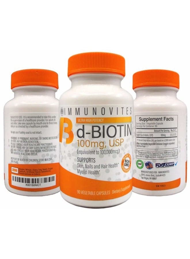 3-Pack High Dose Biotin (as d-Biotin, USP) 100mg (Equivalent to 100,000mcg) 90 Capsules, High Potency (3)
