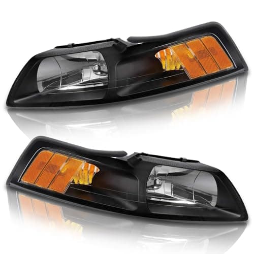 ADCARLIGHTS Compatible with 1999 2000 2001 2002 2003 2004 Ford Mustang Headlights Black Housing Amber Reflector Driver and Passenger Side