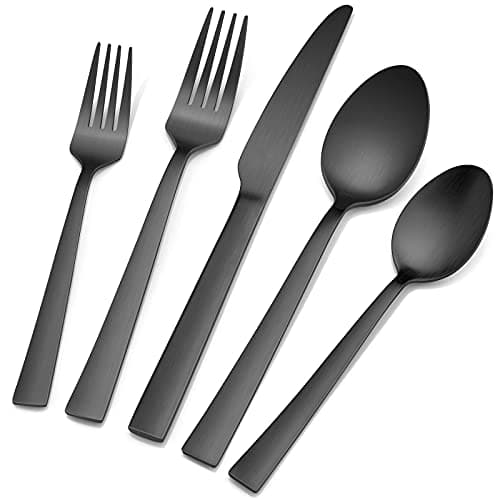 60-Piece Matte Black Silverware Set, E-far Stainless Steel Flatware Set Service for 12, Metal Cutlery Eating Utensils Tableware Includes Forks/Spoons/Knives, Square Edge