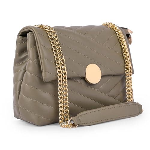 ADISA Women's Girls Quilted Cross Body Sling Bag with Gold Chain (SL5136) (Olive)