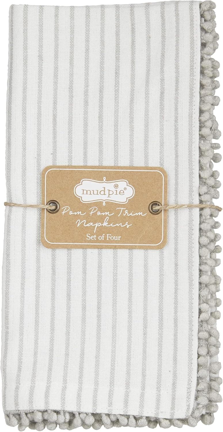 Mud Pie Gray Pom Cloth Napkin Set Stripe 18 x 18