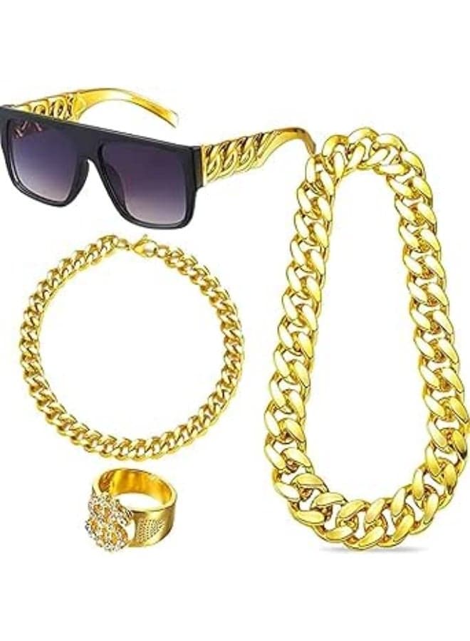 80's 90's Gold Necklace Glasses Set, Hip-hop Charm Punk Dollar Necklace Glasses Ring Bracelet Set for Men Women