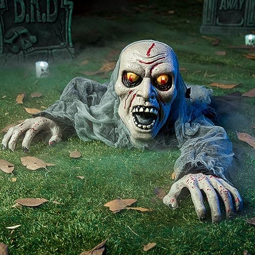 JOYIN Halloween Decorations Outdoor Light-Up Zombie Groundbreaker with bloodstain and Creepy Sound for Halloween Outside Decor, Lawn, Yard, Patio, Graveyard Decoration, Haunted House Prop