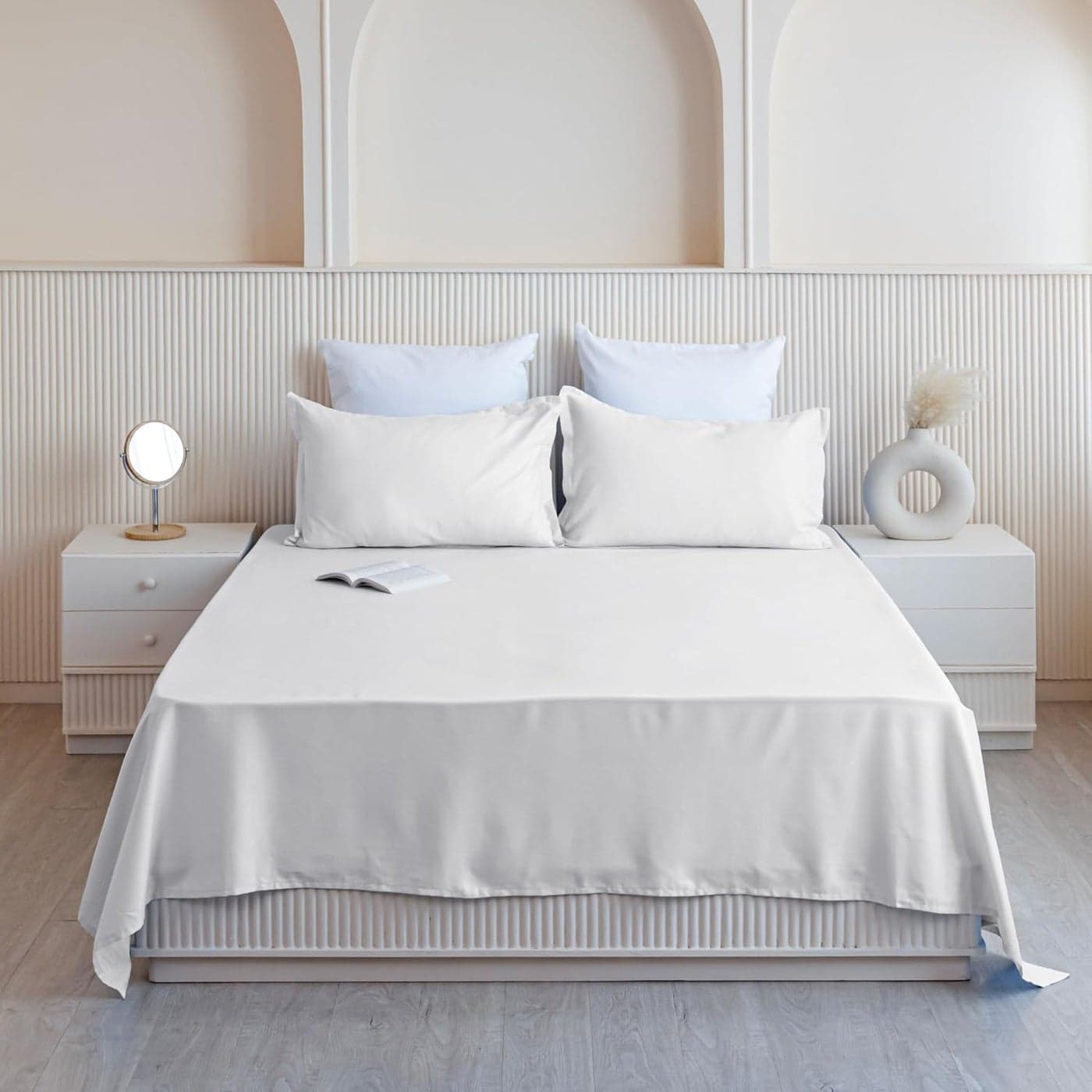 HOMEMONDE Cotton Flat Sheets 210 Thread Count Solid Luxuries Double Bed Sheet 84 x 90 Inch White with 2 Pillow Covers
