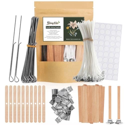BlingFun Candle Making Supplies Kit Natural Cotton Wooden Wicks with Stickers Sustainers Holders for Soy Wax Beeswax Coconut Wax DIY Candle Making Supplies Pack of 6