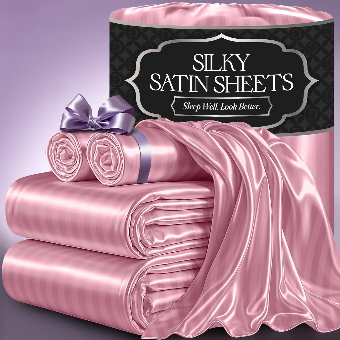 DECOLURE Satin Bed Sheets 4 Piece Luxury Silky King Size Bedding Set Softer Than Silk WrinkleFree with 15 Deep Pocket Fitted Sheet Perfect for Hair Skin Gifts for Women Striped Pink