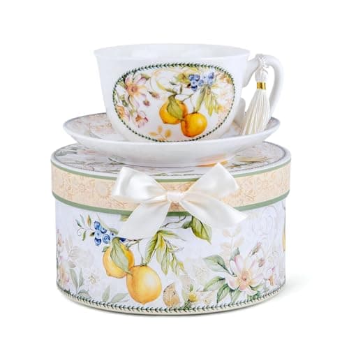 STP GOODS Bone China Tea/Coffee Cup and Saucer in Gift Box Fine Bone China Coffee Cup with Saucer Tea Cup Set of One (Lemon)
