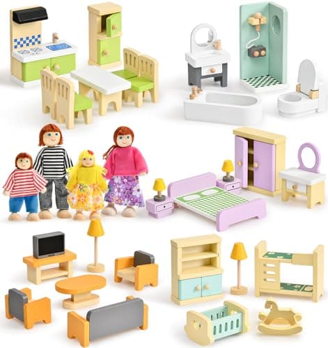 Toyssa Wooden Dollhouse Furniture Set 36PCS Miniature Doll House Accessories with Colorful 5 Room 4 Flexible Family Dolls Pretend Play Toys Birthday Gift for Toddlers 3 4 5 6 Years Old