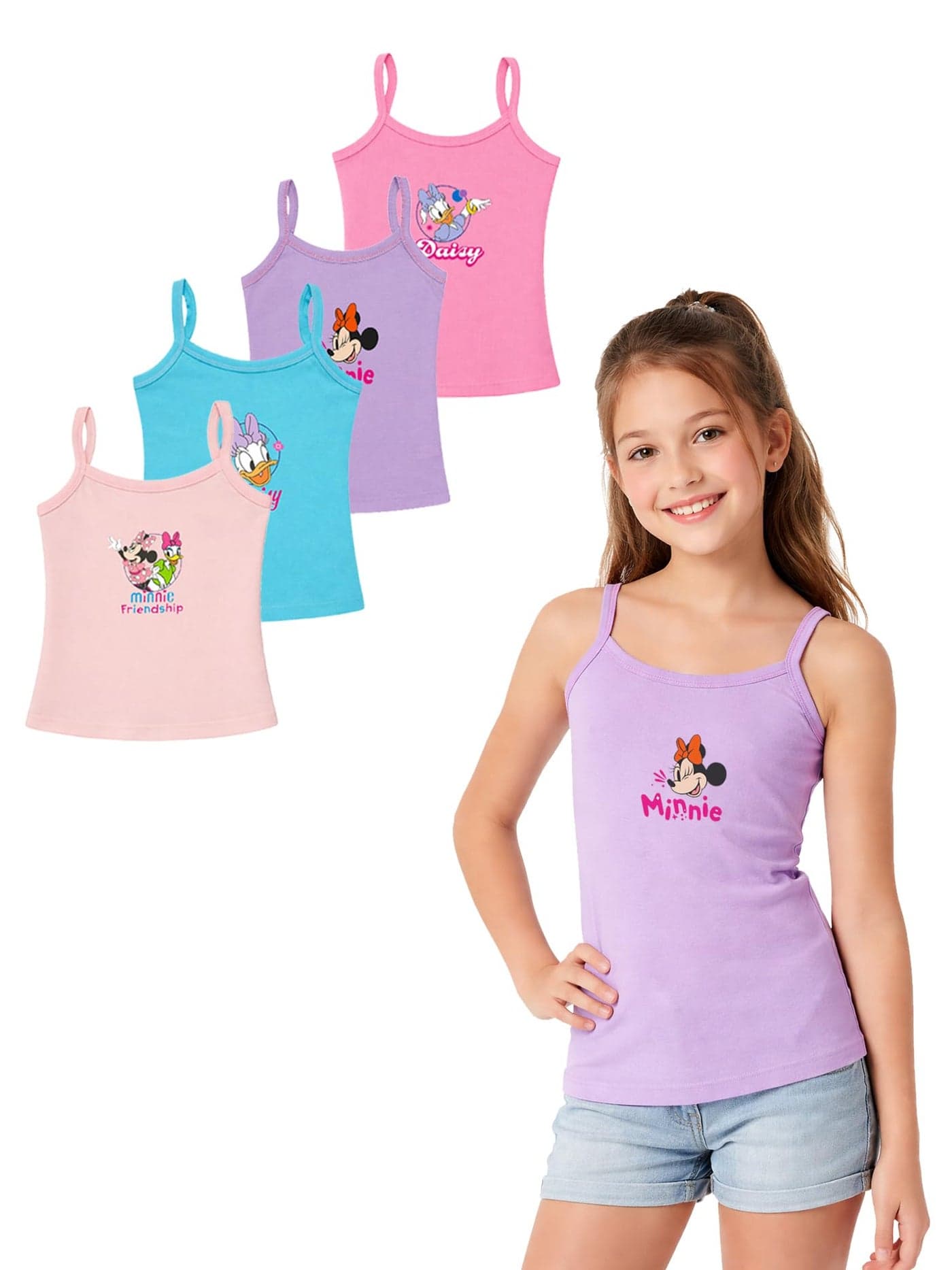 BODYCARE Cotton Blend Girls Regular Fit Vest Dori Neck Sleeveless Minnie & Friends Pack of 4-Assorted, 11-12 Years