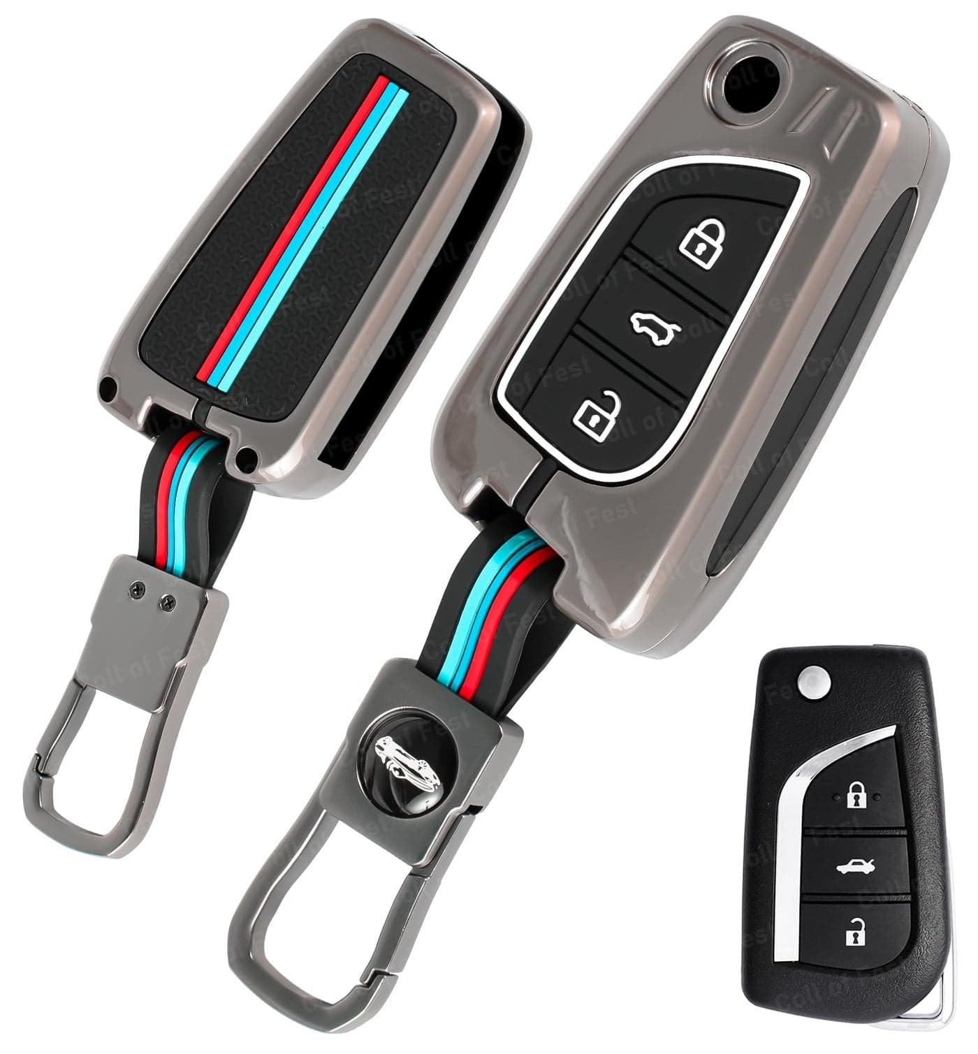 Coll of Fest Metal Silicon Key Cover Compatible For Toyota Innova Crysta Corolla-Altis Camry HyCross Hilux 3 Button Flip Smart Key Cover Metal Protection Special Feature Visible in low-light Condition