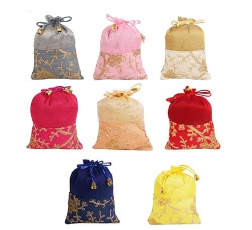 Touchstone Indian Handcrafted Emboridery Petal Floral Blue Grey Yellow Pink Red Fuchsia Peach Golden Colors Wedding Bridal Party Drawstring Potli Pouches Bags For Gift Jewelry Set Of 8 For Women