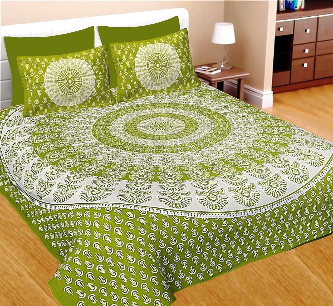 JAIPUR PRINTS 100 Cotton Traditional Jaipuri Printed Bedsheet For Double Bed King Size With 2 Pillow Covers Green001 180 tc