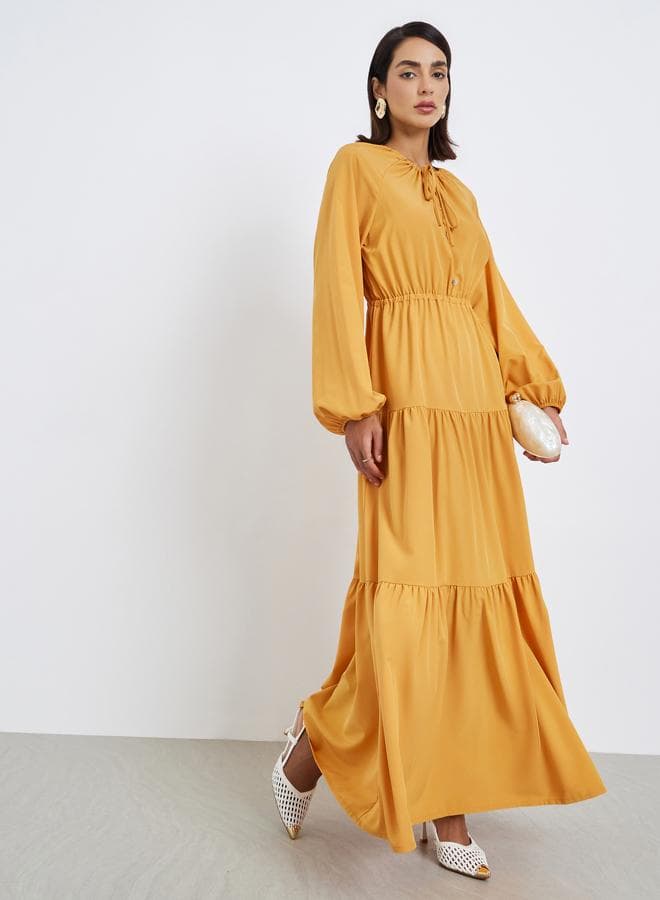Solid Puff sleeves, A-line paneled Festive Maxi Dress