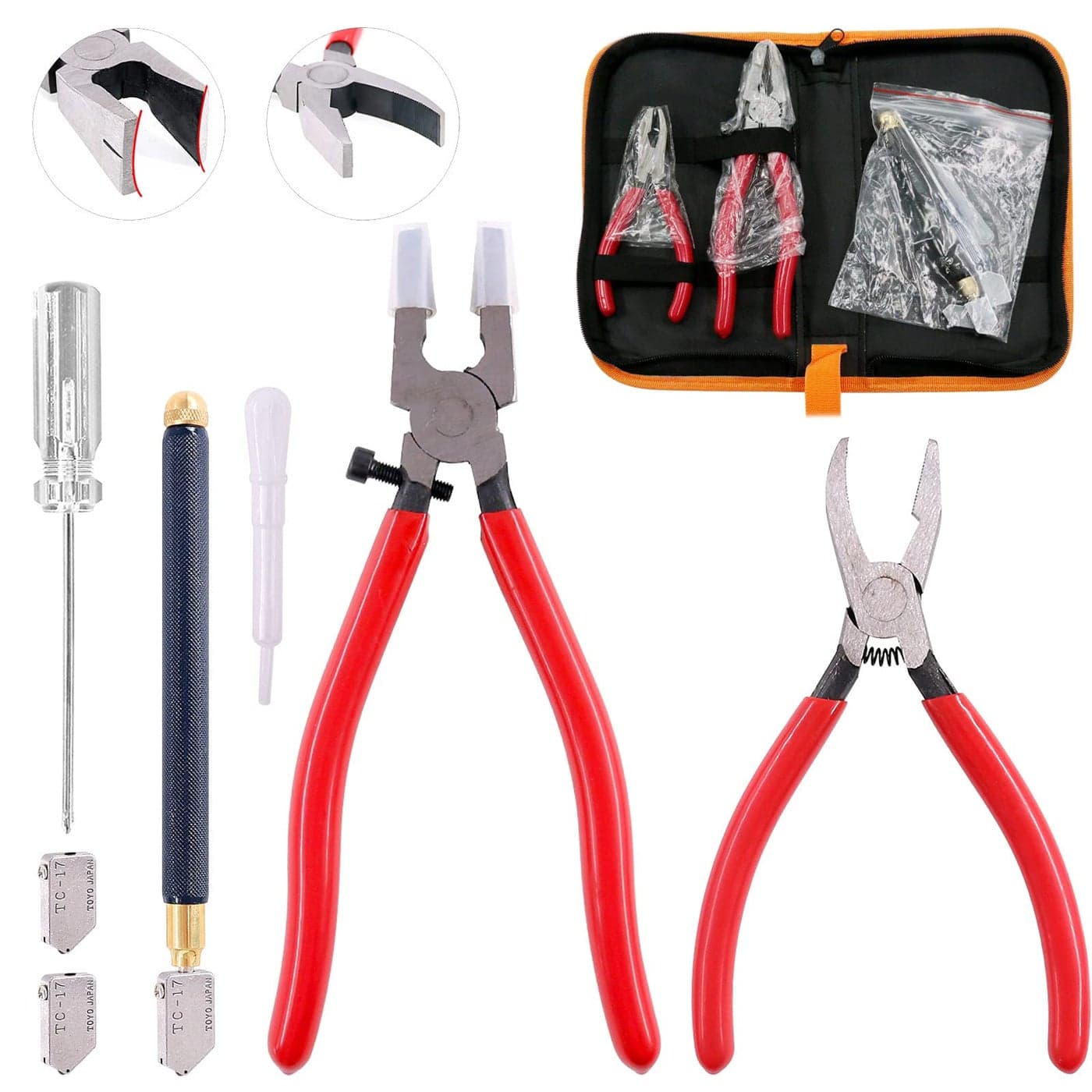 Swpeet 9Pcs Glass Cutter Tool Kit Breaker Grozer Pliers and Curve Jaw Glass Running Pliers Kit with Rubber Tips Pencil Oil Feed Carbide Tip Glass Cutter 2Pcs Blades with Oil Dropper and Screwdrive