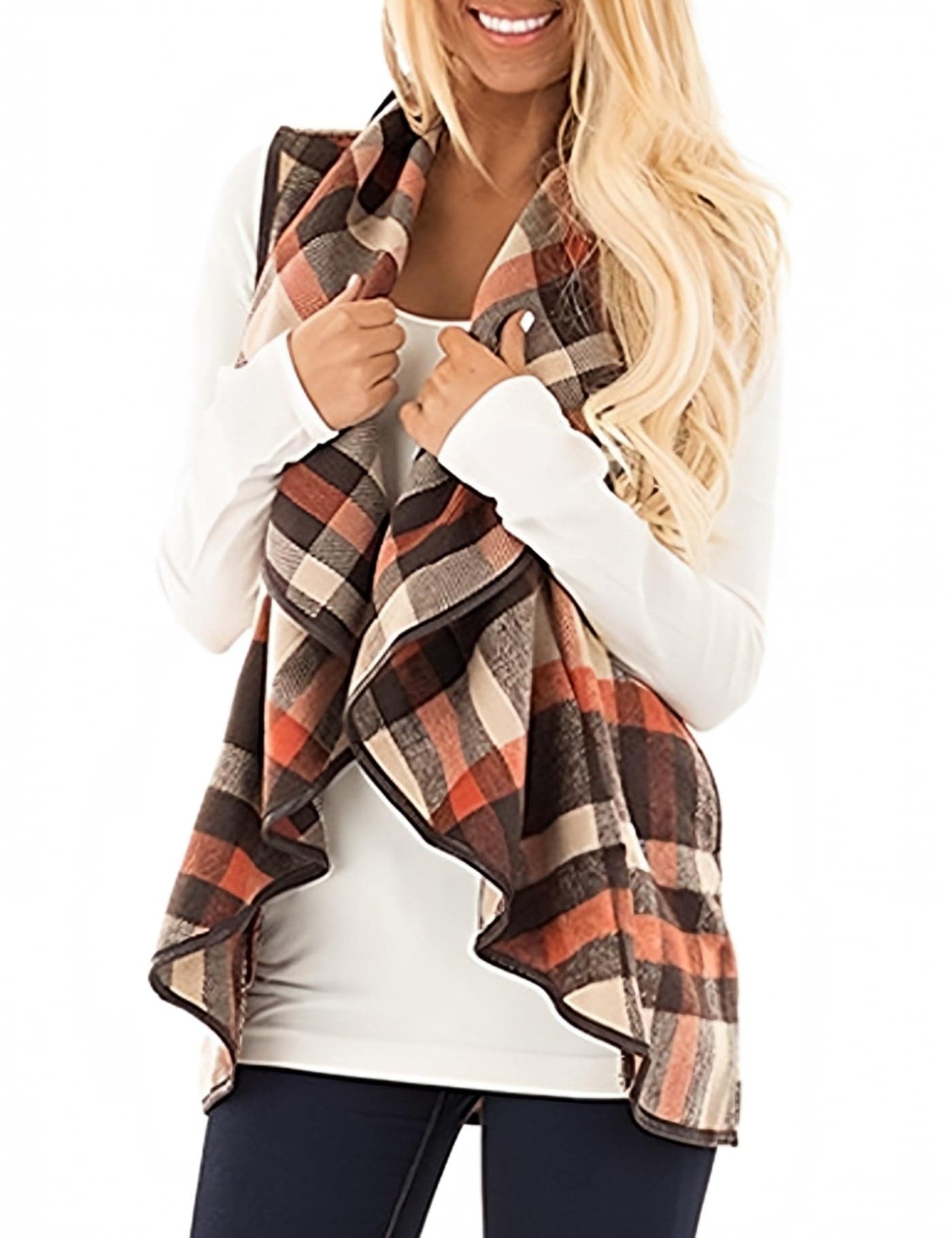 Unidear Womens Plaid Open Front Casual Cardigan Sleeveless Patch Draped Outwear with Pockets Brown S