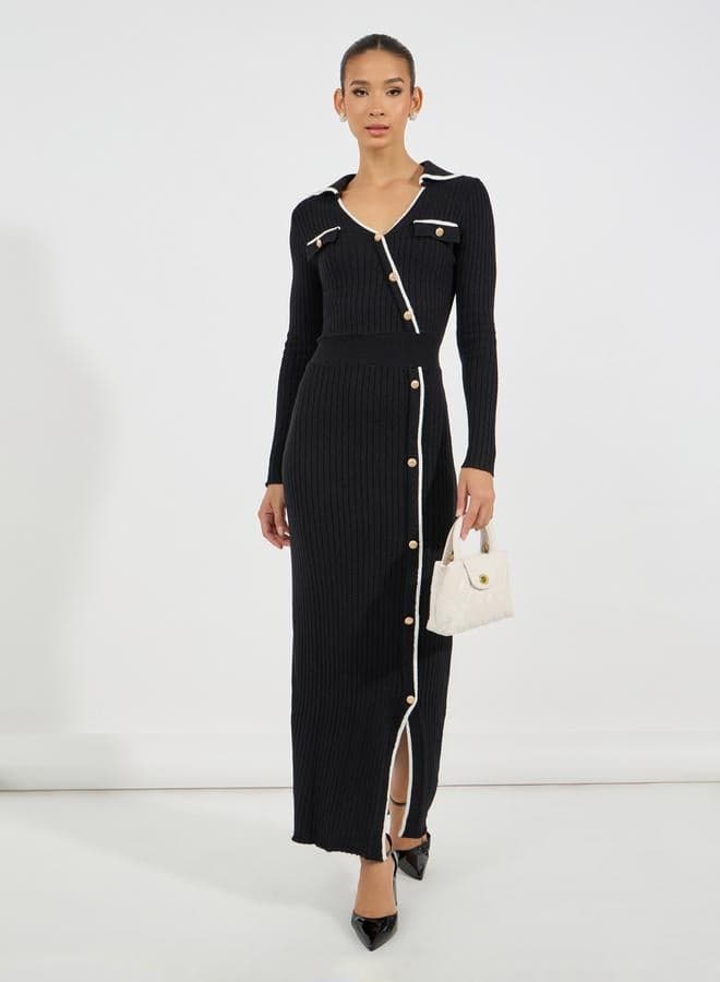 Asymmetrical Button Detail Knitted Maxi Dress