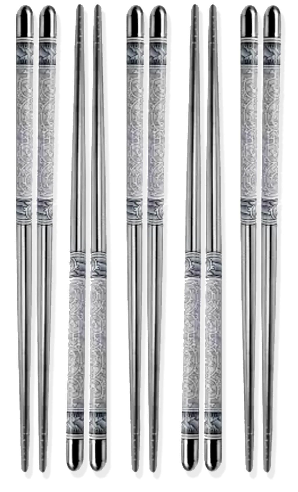 Flavoma 5 Pairs Reusable Classic Metal Steel Chopsticks | Dishwasher Safe | Non-Slip Stainless Steel Chopsticks | Lightweight Easy to Use Metal Chop Stick Utensils