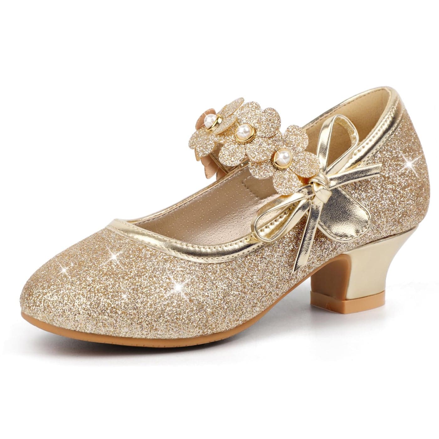 PANDANINJIA Girls Dress Shoes Kids Toddler Heels Pumps Flower Girl Mary Jane School Wedding Party Princess Shoes (Gold Glitter, 13 M US Little Kid)