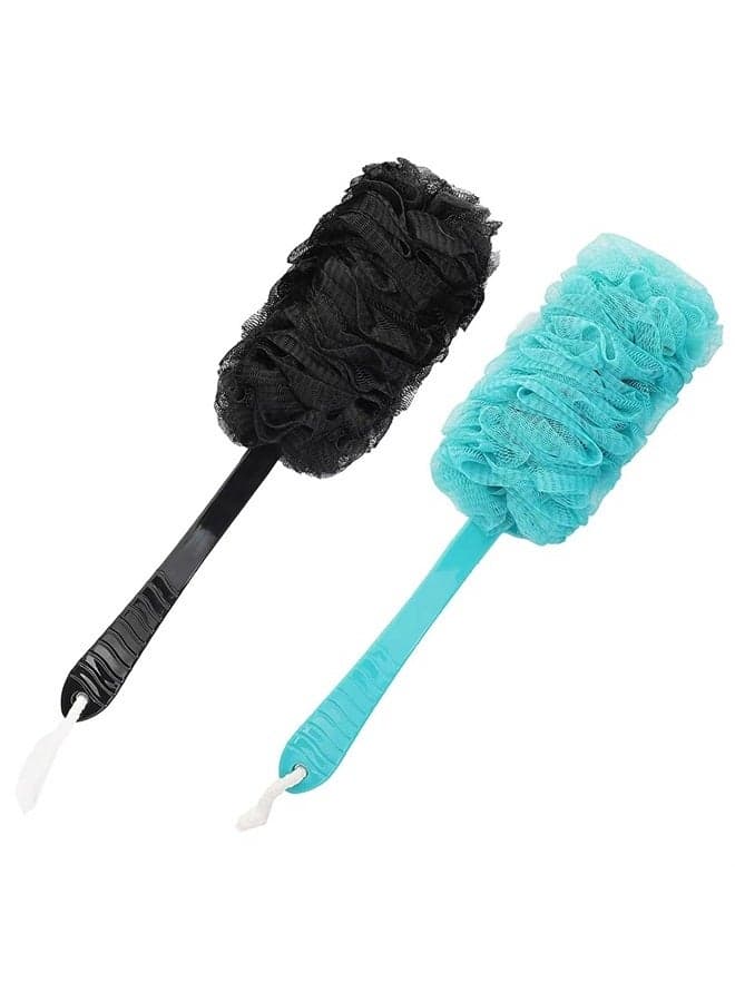 Back Scrubber Brush Long Handle for Shower, Loofah On a Stick Sponge Back Brush, Body Exfoliator Scrubber Bath Brush for Men Women, Exfoliating Cleaning Back Scrubber for Elderly (2 Pack-Black+Green)