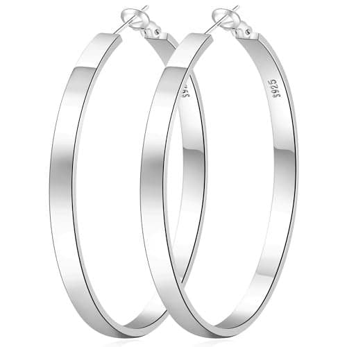 EXGOX 4MM Wide Silver Hoop Earrings for Women Sterling Silver Large Hoop Earrings 14K Real Gold Plated Hoop Earrings Hypoallergenic 925 Silver Big Hoop Earrings for Women (30/40/50/60mm)