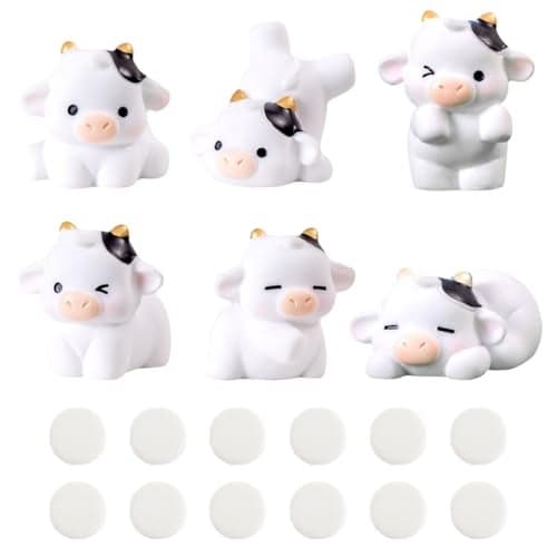 GAOLAOSY 6PCS Cute Cow Car Dashboard Decoration Luminous Auto Rear View Mirror Touchscreen Top Ornament Funny Adorable Mini Cartoon Animal Car Interior Accessory for Women Men White
