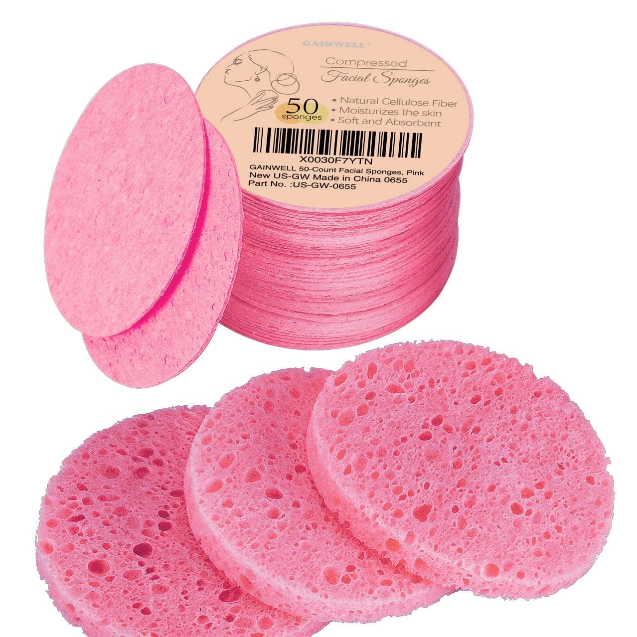 GAINWELL 50Count Compressed Facial Sponges for Daily Facial Cleansing and Exfoliating 100 Natural Cosmetic Spa Sponges for Makeup Remover Reusable Pink