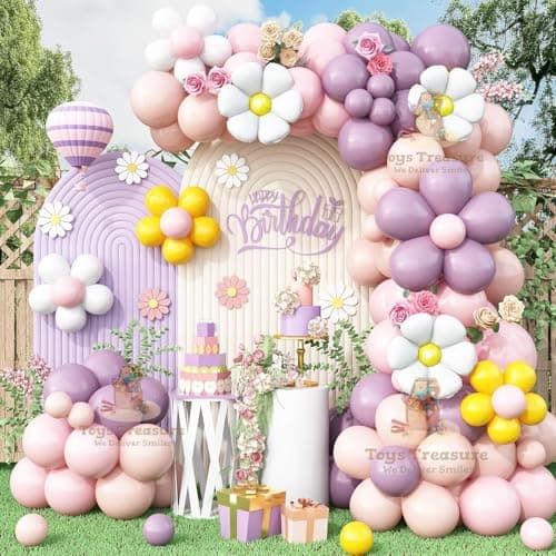 Toys Treasure We Deliver Smiles Daisy Balloon Garland Arch Kit, Retro Hippie Pink Purple Balloons Garland Daisy Flower Balloons For Birthday Baby Shower Bridal Wedding Set of 133pcs (Pink Purple)