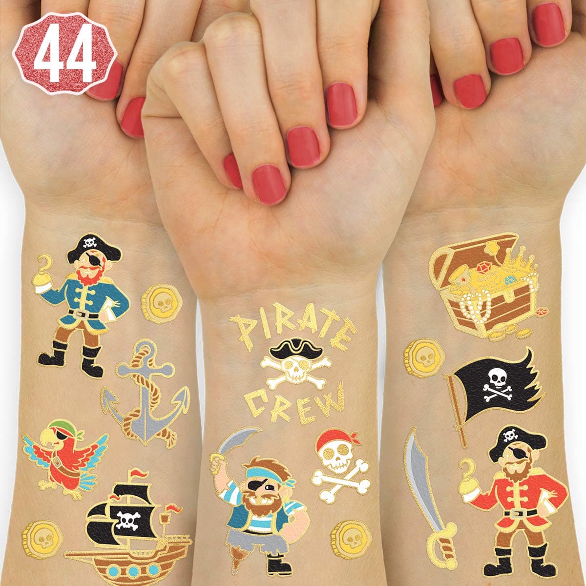xo Fetti Pirate Party Supplies Temporary Tattoos 44 Glitter Styles Nautical Birthday Skull Crew Treasure Pirate Ship