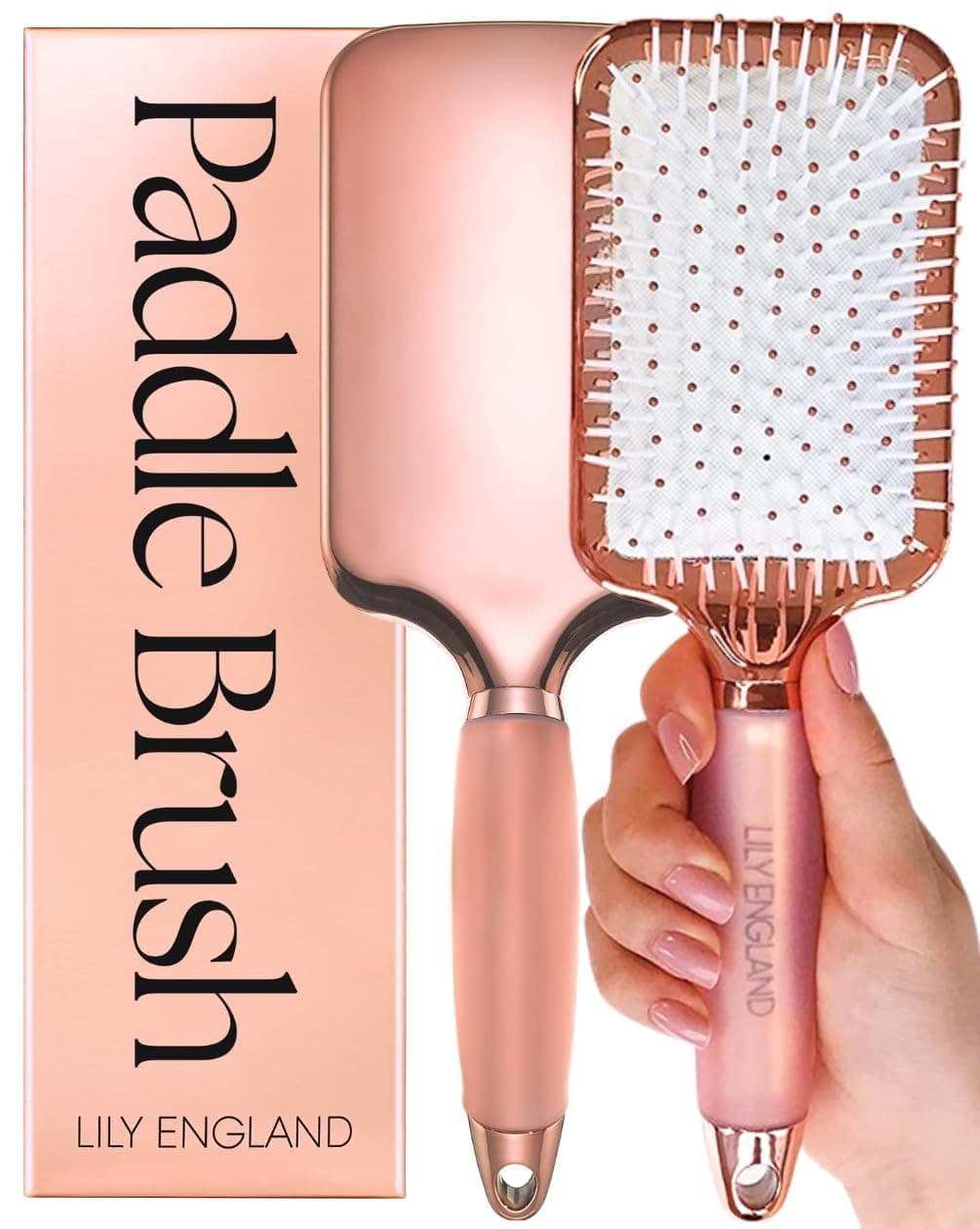 Lily England Paddle Hair Brush for Women with All Hair Types Professional Hairbrush for Blow Drying Detangling Straightening Smooth Brush with Gel Handle for Easy Grip Rose GoldWhite