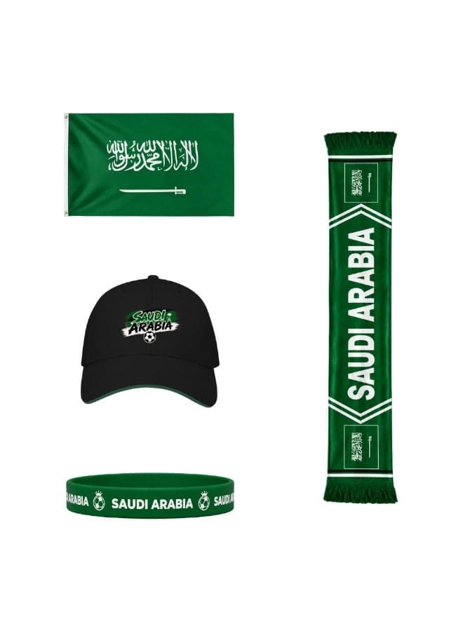 Saudi Arabia Football Sports Combo Pack | Set of 4 | Flag, Scarf, Cap and Silicone Wristband | Unisex Sports Match Outdoor Wear for Men Women