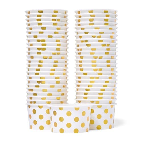 MATICAN Paper Ice Cream Cups - 50-Count 5.5-Oz Disposable Dessert Bowls for Hot or Cold Food, 5.5-Ounce Party Supplies Treat Cups for Sundae, Frozen Yogurt, Soup, Gold Foil Polka Dots