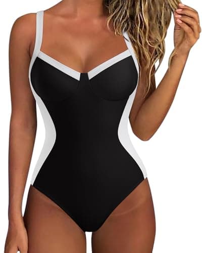 SUUKSESS Womens Tummy Control Slimming One Piece Swimsuits Sexy V Neck Crisscross Back Bathing Suits Push up Swimwear(Black,X-Large)